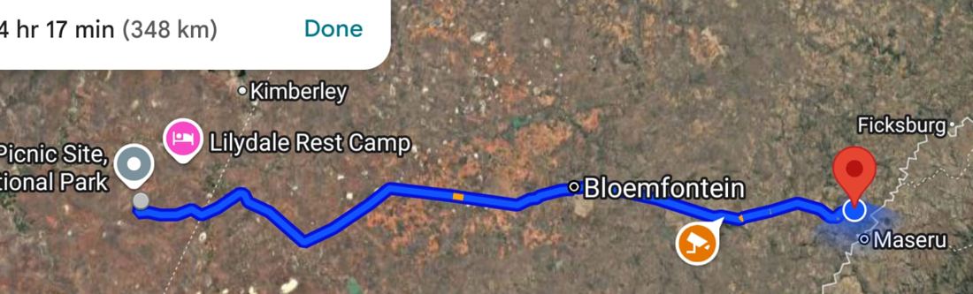 Mokala game reserve to Lydenburg, 348km, 35km gravel from Mokala to Douglas. Goo